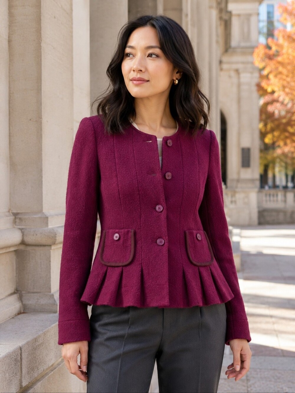 Anthropologie Elevenses Burgundy Wool Peplum Lady Jacket Size 8